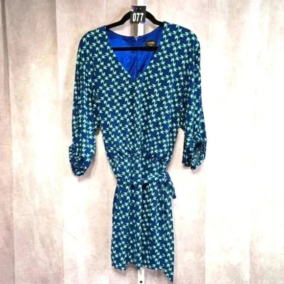 Laundry by Shelli Segal Blue Printed Knee Length Flare Belted Dress S Small 4 - Picture 1 of 3